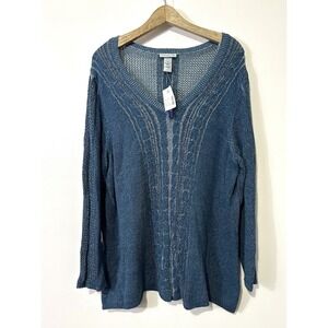 NWT‎ Catherine's Aqua Blue Sweater Size 2X V-Neck Cable Knit Open Long Sleeve